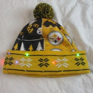 Ugly Sweater Light Up Steelers Beanie Hat Yellow Black Cuffed Pompom NFL
